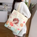 Cremefarbene Stofftasche mit niedlichen Cartoon Illustrationen und LOVE AND POWER Aufschrift - Niu Niu Blumen Hase / Kein Reißverschluss Keine Innentasche