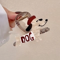 Pince à cheveux chien de dessin animé blanc crème avec béret rouge et texte DOG - Pince à cheveux chien avec chapeau gris transparent