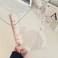 Detailed view of clear PVC binder cover with rose gold metal rings and snap closure - A5 / Rose Gold