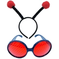 Funny insect costume set with a red pom-pom headband and blue honeycomb glasses - Full Black Pom Antenna Set