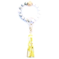 Beaded wristlet keychain with wooden bead, golden ring and yellow daisy print leather tassel - Style 13 (White Marble Daisy Print)