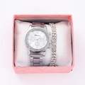 Silver Geneva watch and rhinestone bracelet set displayed in a pink jewelry gift box - Style 24 + Bracelet + Box