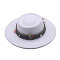 Bohemian white flat top wool felt hat with turquoise beads and tassel ethnic band - White