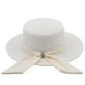 Cappello di paglia vintage francese a tesa larga con nastro bianco e fibbia strass - M (56-58cm) / Bianco candeggiato