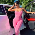Sexy pink backless ribbed bodysuit for women featuring a slim fit and summer style - S / Pink