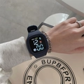 Close-up of LED sports watch showing time and heart rate data on a dark silicone strap - Dark Blue