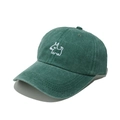 Detail of dark green washed cotton baseball cap with white embroidered dog cartoon pattern - M (56-58cm) / Green