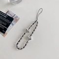 Phone strap with transparent cube beads and silver metal heart charms on black cord - Crystal Square Plated Heart