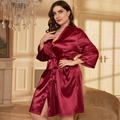 Elegant burgundy satin kimono robe with tie-waist and glossy finish for women - 3XL / Burgundy