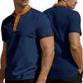 Heren Henley shirt met korte mouwen in marineblauw met oranje kraag en gebreide textuur - S / Marineblauw