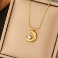Gold Crescent Moon Zirconia Single Diamond Necklace (JX071)