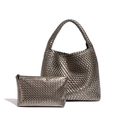 Silver hand-woven oversized tote bag with matching zipper pouch and metallic finish - Metallic Grey