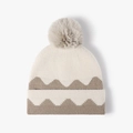 Knit beanie in beige and tan color block pattern with a fluffy faux fur pom-pom topper - One Size / Beige