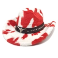 Detail of red and white cow print cowboy hat with plush texture and silver bull head buckle - Straight Top / Red