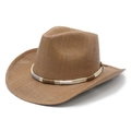 Brown woven straw cowboy hat with multi-color rope band on white background - M (56-58cm) / Khaki