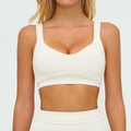 Creamy white U-neck contrast sports bra and high-waist leggings in seamless knit fabric - Oat Apricot