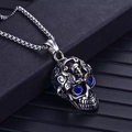 Vintage steel skull necklace with blue gemstone eyes on a silver box chain - Silver Blue Eye Skull + 60cm Chain
