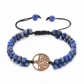 Double-row braided blue jasper stone bracelet with bronze tree of life charm - Lake Blue Imperial Stone