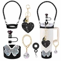 Black rhinestone handle strap and heart charm accessories set for Stanley tumblers - Dark Heart Rhinestone Set