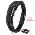 Macro shot of black multi-layer woven leather bracelet with steel beads and magnetic buckle - Black Custom Tag