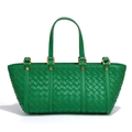 Borsa a mano baguette in pelle intrecciata verde con fibbie dorate e doppi manici - Verde