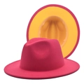 Wide brim wool fedora hat with rose red exterior and contrasting yellow interior lining - M (56-58cm) / Rose Red+Yellow