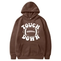 Brown American football hoodie featuring white Touch Down print and athletic graphic design - S / Tops / Brown (TOUCH DOWN Print)