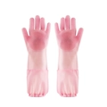Pink silicone grooming gloves for pets with soft cleaning bristles and long sleeves - Pink (Extended)