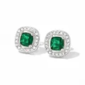 Elegant emerald-cut green gemstone stud earrings with a sparkling halo setting - Silver Square Emerald Style (PDE1162)