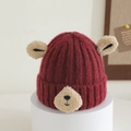 Detail of burgundy ribbed knit hat featuring plush cream bear ears and embroidered face - 1-4 Years / Burgundy