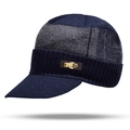 Detail of knit visor beanie with metal 1989 badge and thick winter texture - 58-63CM Fleece Lined Thickened / Navy Blue