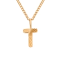 Golden T-letter pendant necklace with sunburst radial texture on polished cable chain - Letter T / Gold