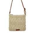 Beige hollow paper rope woven crossbody bag with brown leather strap and tag - Small / Off White