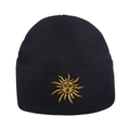 Hip hop black beanie with golden sun face embroidery in premium knitted elastic fabric - Gold Sun Embroidery / Black