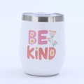 Close-up of 12oz stainless steel egg tumbler with 'BE KIND' floral lettering and clear lid - Style 2 / 12oz