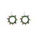 Christmas wreath earrings with green fuzz and tiny red and gold bells on ear hooks - Christmas Wreath