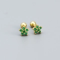 Gold flower stud earrings with green zircon and secure spherical screw back closure - Yellow Gold (Green Stone)
