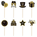 Set of 8 black and gold glitter Happy New Year cupcake toppers for party cake decor - 8Pcs Cupcake Toppers - Black Gold
