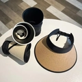Foldable khaki straw sun visor with black trim showing portable rolled storage design - G Logo Rollable / Camel Black Trim