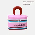 Rosa gestreifte Kosmetiktasche mit Milo Bliss Aufschrift und rotem Griff, 22x12x15cm - Rosa gestreifte Beuteltasche