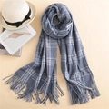 Blue and grey plaid cashmere scarf with fringes, stylish autumn winter checkered pashmina - Light Blue