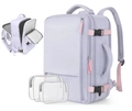 Lavender purple travel backpack set with three clear PVC storage bags and pink strap details - 8026 Style With Three Transparent Storage Bags / Starry Grey with Pink