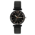 Women's quartz watch with black elastic band, rose gold hands, and round black dial - Black