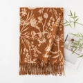 Brown faux cashmere long scarf with beige floral print and fringe detail on white background - Yellow Brown Background White Floral