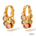 Golden round earrings with colorful zircon gemstone charms and elegant steel hooks - Gold + Multi-color Zircon (D413)
