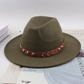 Army green felt jazz hat with brown leather belt and silver stud accents - Flat Brim Rivet Wave Decor / Army Green
