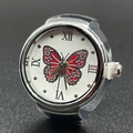 Silver quartz ring watch with white Roman dial and red black butterfly pattern - Red