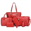 Red 6-piece women's PU leather handbag set featuring tote bag with gold hardware - Red