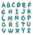 Vue détaillée de 26 breloques alphabétiques en émail bleu avec cadres en alliage doré - Lettres Anglaises Bleues Double Face En Forme De Goutte D'huile - 23365 / Lettre A