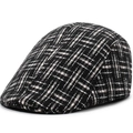 Macro detail of high-quality black and white tweed fabric on an classic men's flat cap - One Size 58cm / Three Stripes Black Pattern